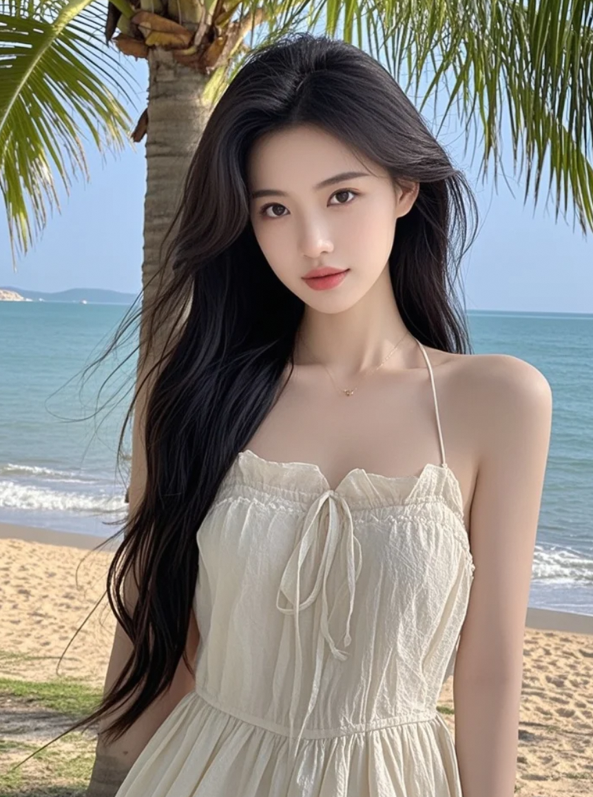海风轻拂，她穿着长裙美得像画中人