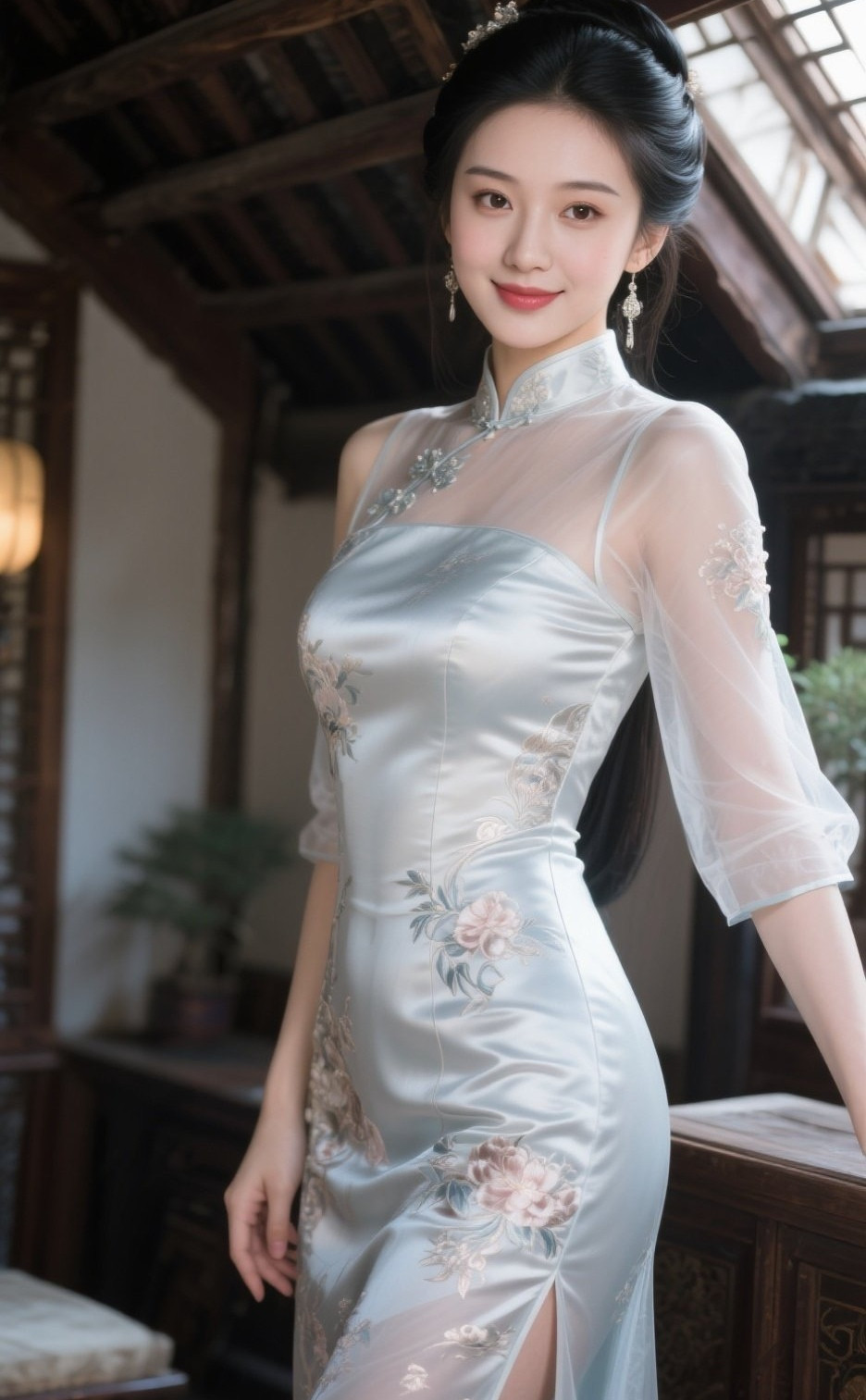 古典美眉旗袍婉青丝垂落映红妆