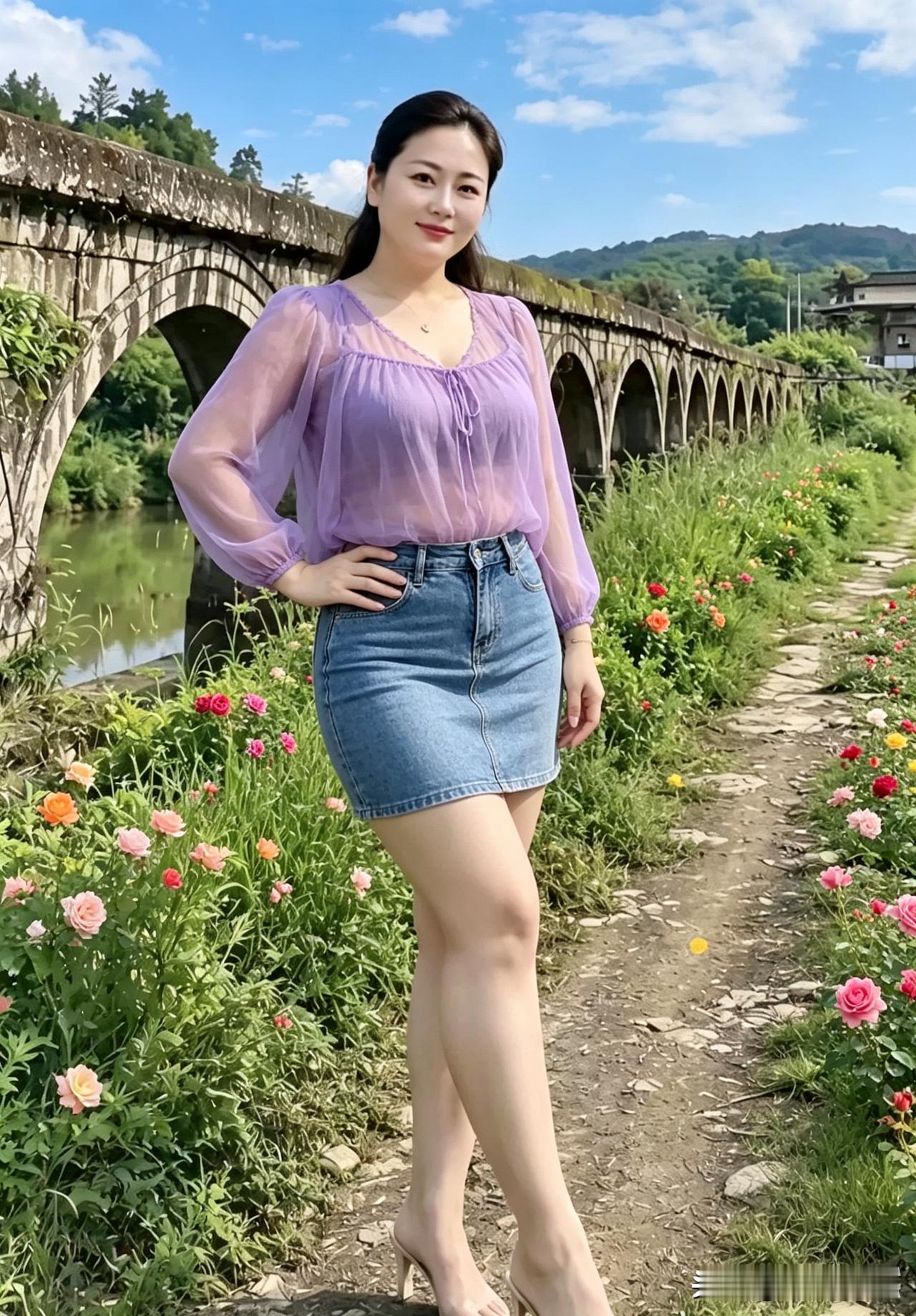 多拱老石桥横跨清溪，花径绕岸铺繁花，藏着山野旧时光韵味青灰石砌多拱古桥横跨