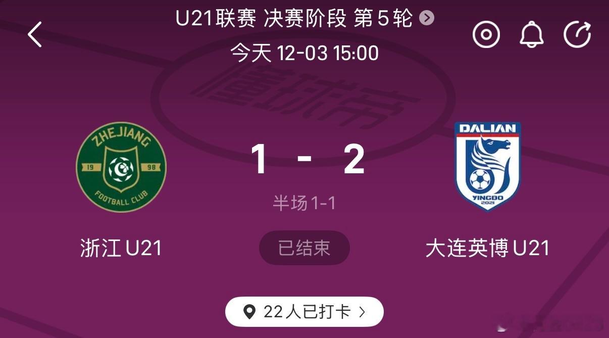 U21联赛第5轮，争冠组的一场关键比赛中，排名前二的大连英博U21和浙江U21相