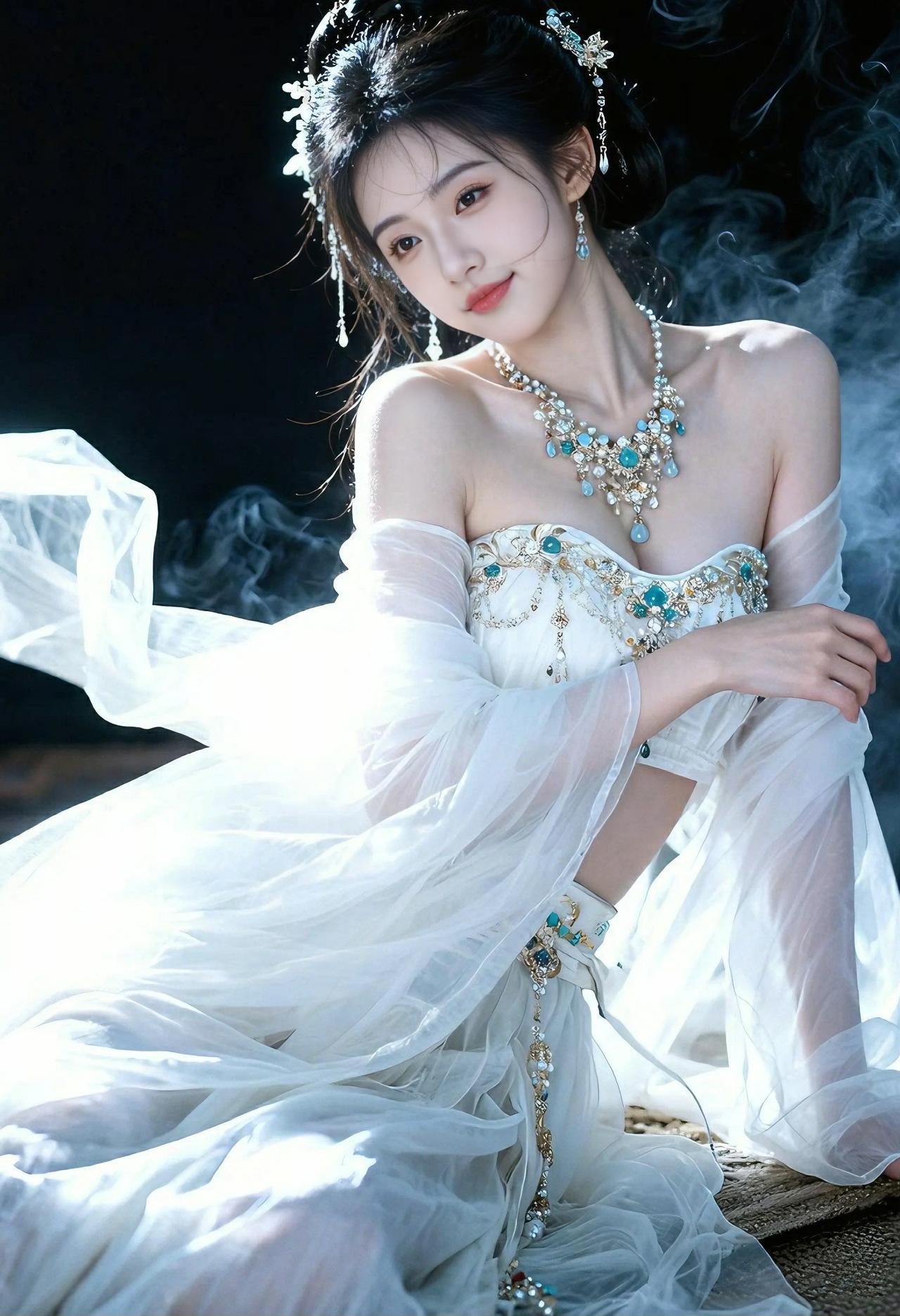 梦幻仙境里的古典美人，站在白雾缭绕、闪着光芒的天宫里，简直美到窒息。时尚摄影师擅