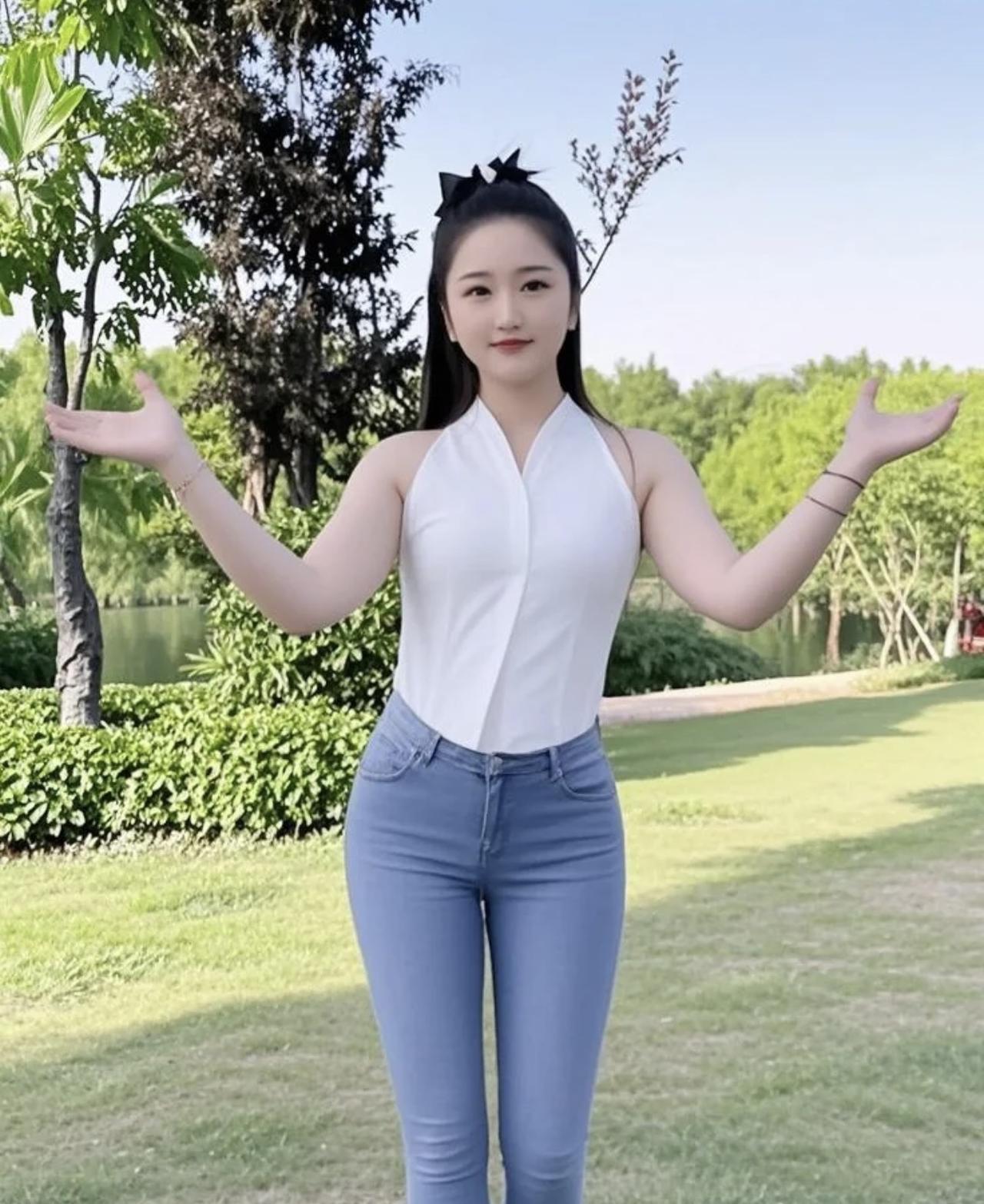 爱跳舞的女孩公园草地阳光洒，少女翩跹似绽花。白衫蓝裤风姿俏，舞步轻盈人人夸。
