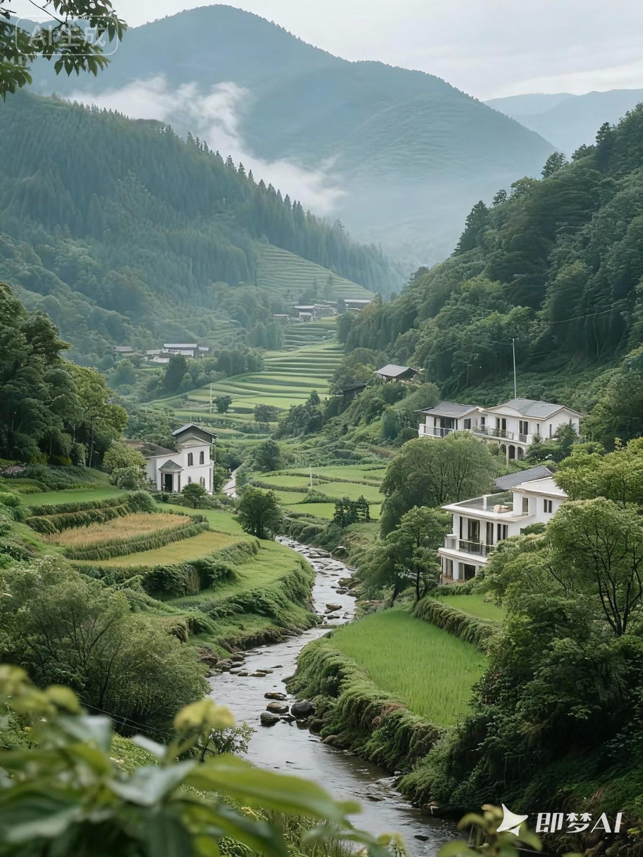 “云雾缭绕的田园风光，宁静的乡村生活”🌿🏡🌄