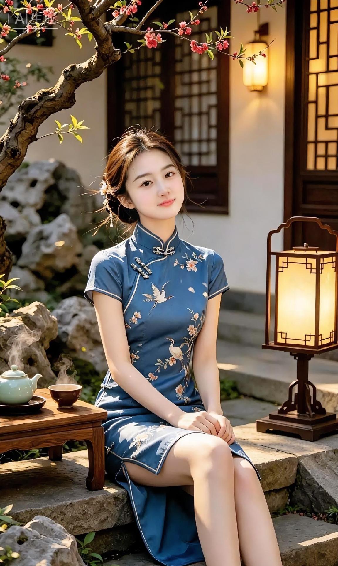 青瓷壶袅袅生烟，蓝旗袍花开鹤舞。你坐在旧时光里，笑意温婉如初。红