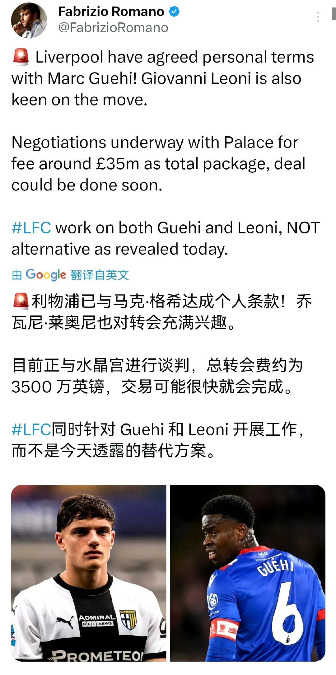 后防线告急，利物浦马上要买两个后卫。意大利18岁的新星莱奥尼。水晶宫后卫格伊