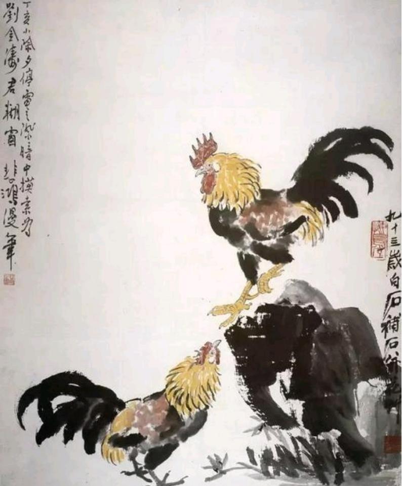 1947年除夕，徐悲鸿为挚友刘金涛作画，刚画完两只公鸡，突然停电了。一时间没办法