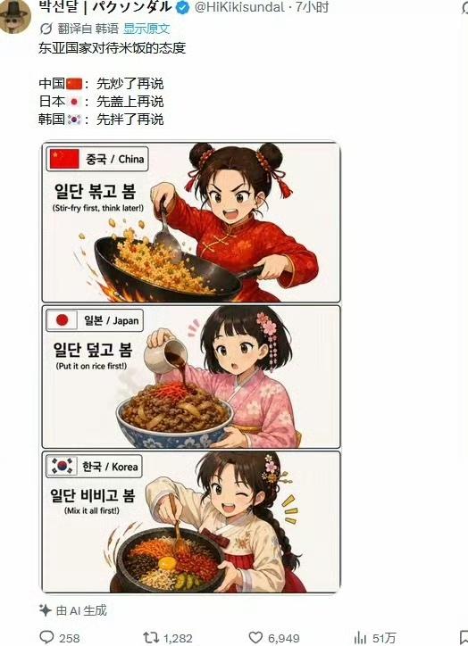 韩国人用AI总结的东亚三国对于米饭的态度。