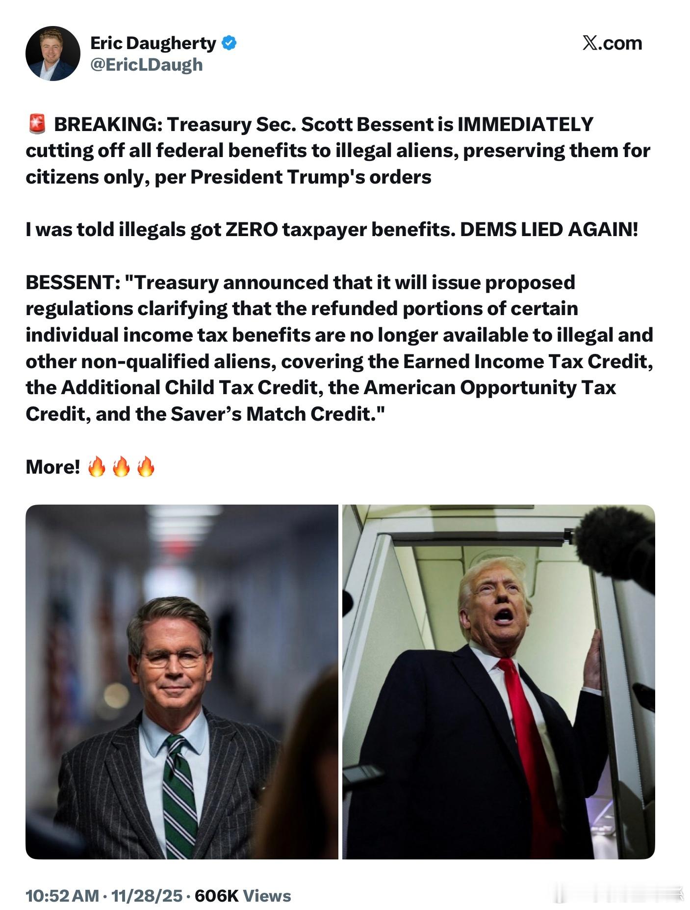 根據川普總統的命令，財政部長ScottBessent宣佈將立即切斷所有給非法