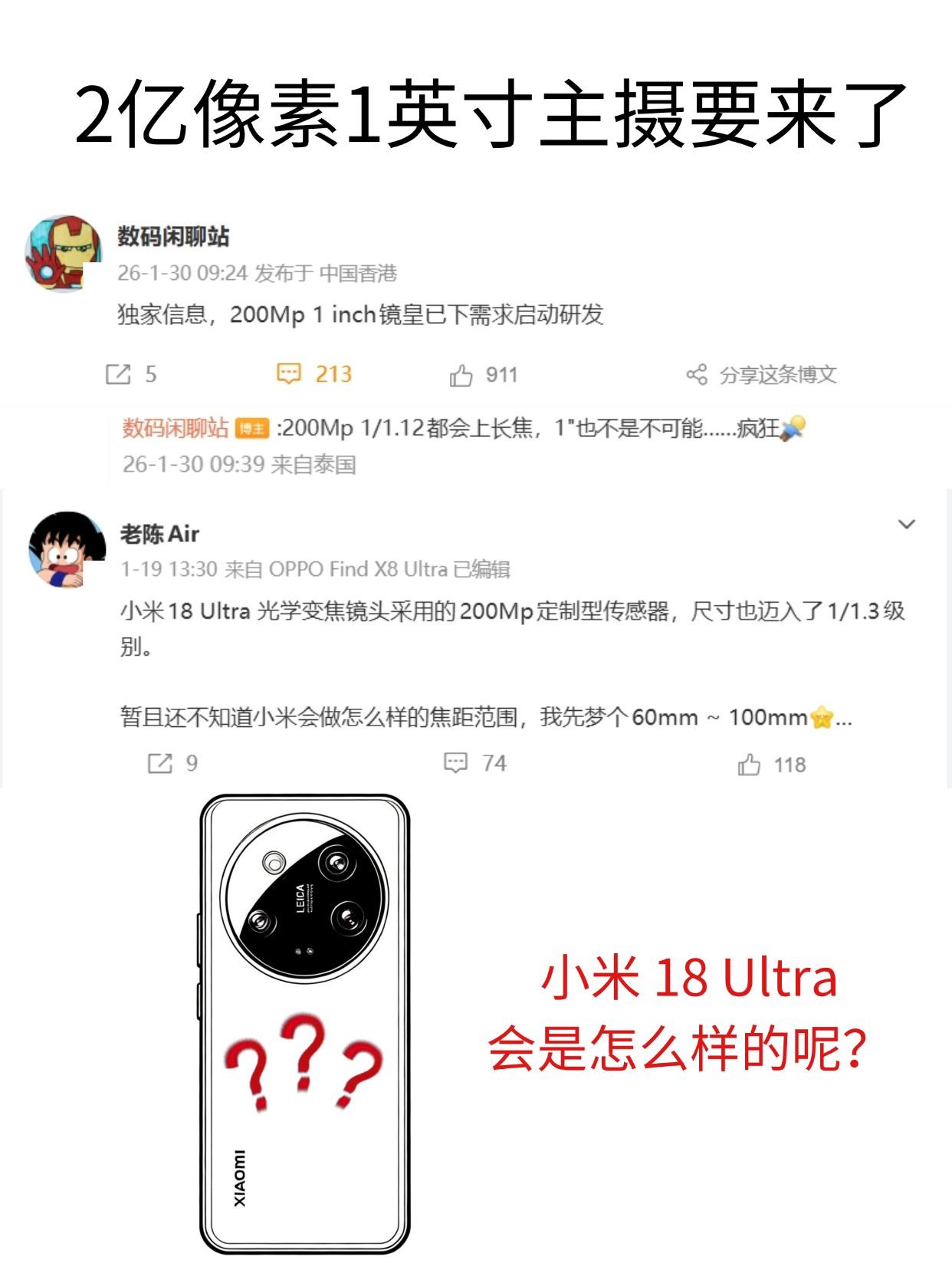 明年旗舰机影像参数有点离谱看到有博主爆料小米18U要上200Mp1英寸主摄