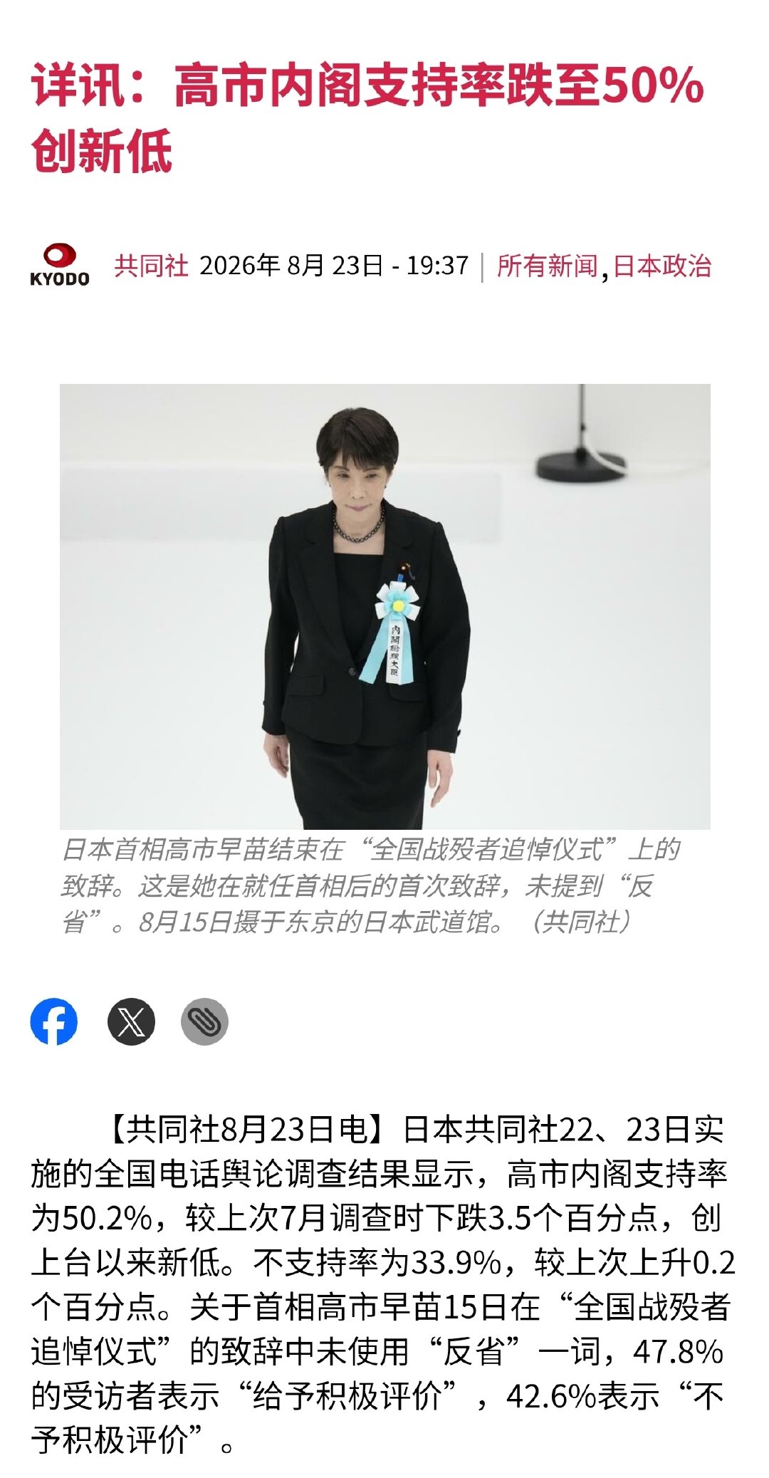 共同社报道，对于高市早苗在日本投降日讲话中没有使用“反省”一词，47.8%的小鬼子给予积极评价，42