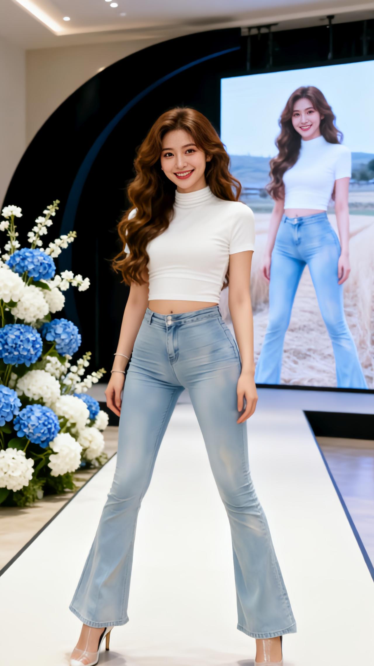 直筒显瘦秀场同款长裤气质高腰牛仔裤超模人鱼裤牛仔裤走秀微喇裤时尚魅力