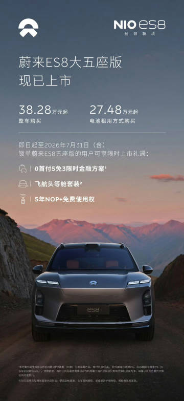 蔚来新上了个大5座版的ES8，电池买断38.28万起，租赁的话是27....