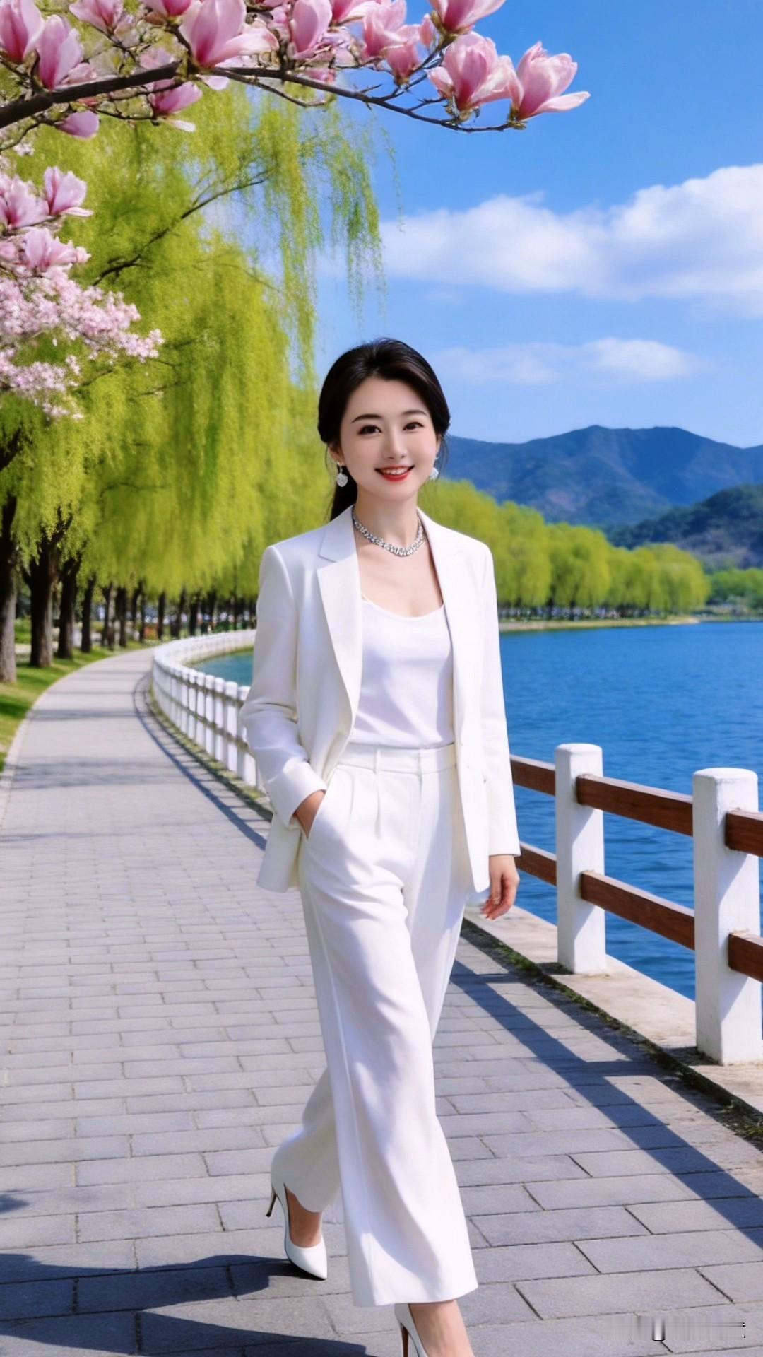 今天穿了一身清爽的白色西装套装，漫步在春日湖畔。玉兰花开得正好，柳丝拂过肩头，湖