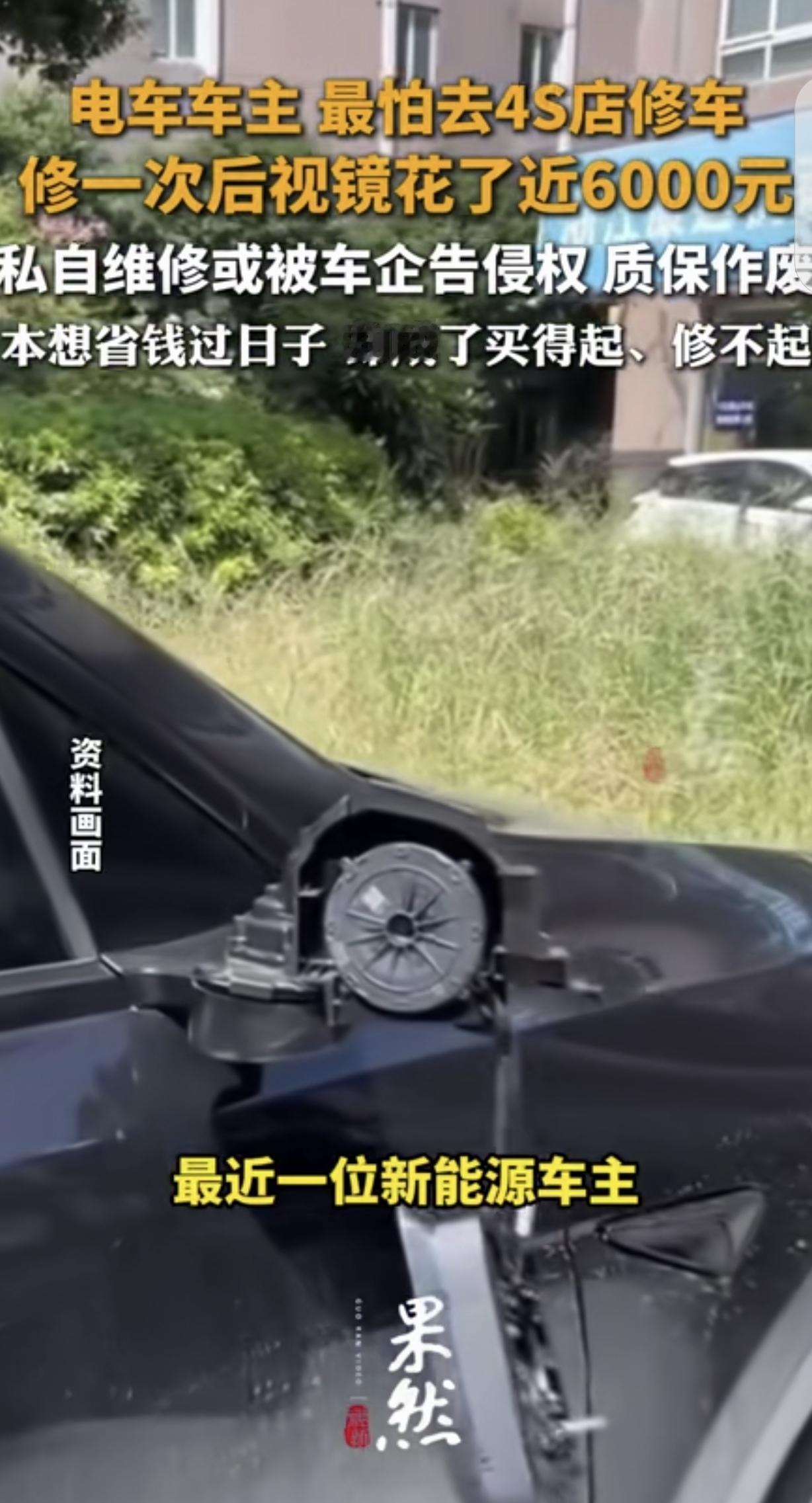 一名男子驾驶新能源汽车倒车时不慎撞坏后视镜，本以为几百元就能修好，结果4S店