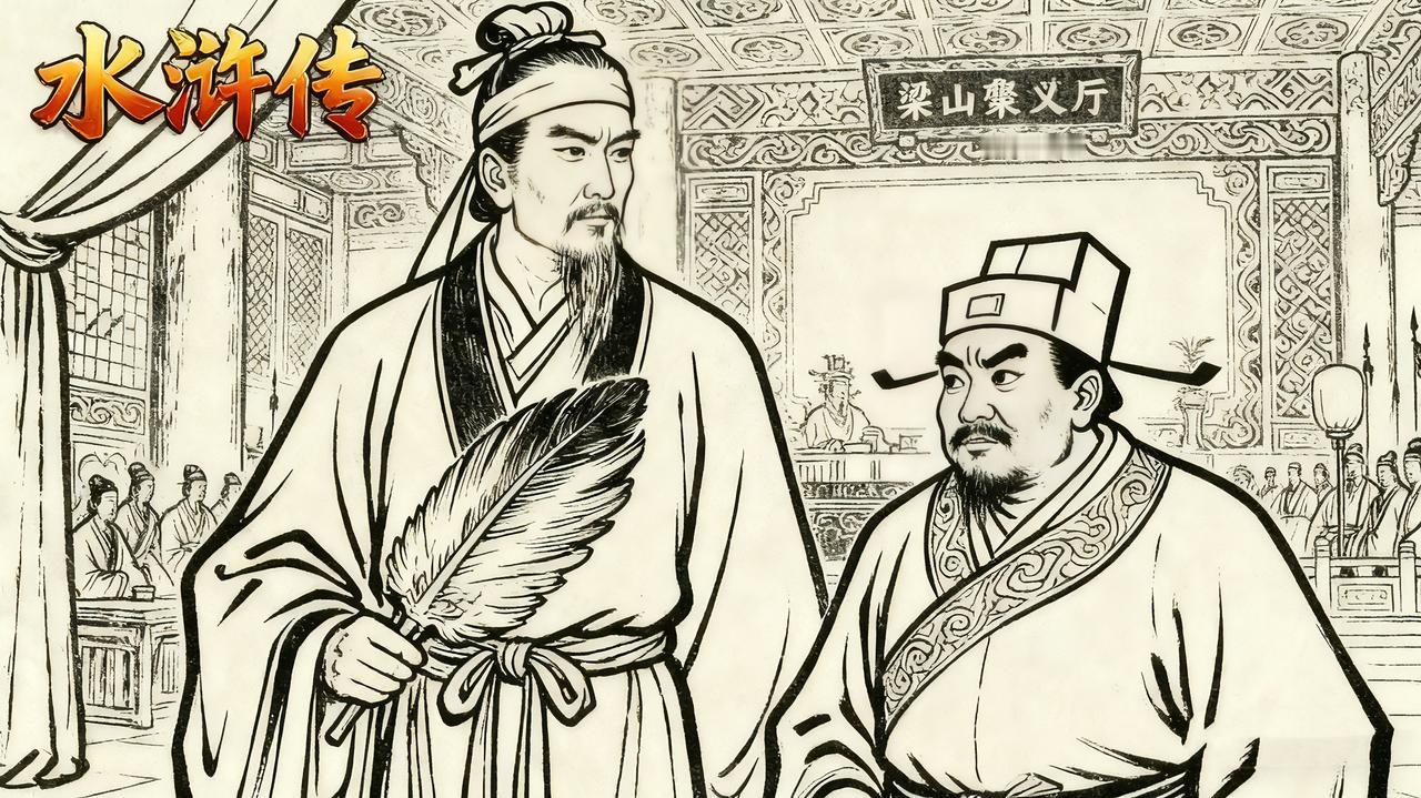 快说智多星吴用灯光一闪，白面书生智多星，道号加亮先生登场，头戴纶巾挥