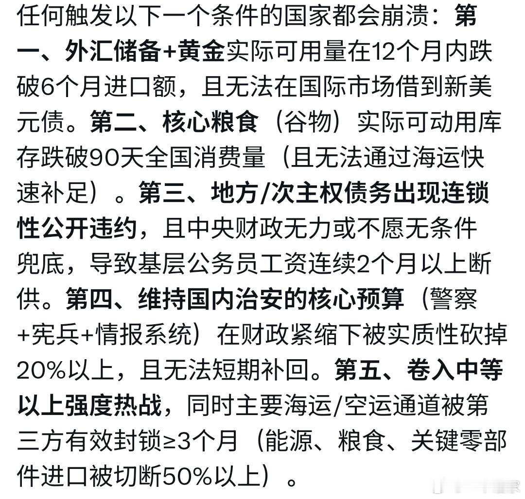 任何触发以下一个条件的国家都会崩溃？你赞同几条？