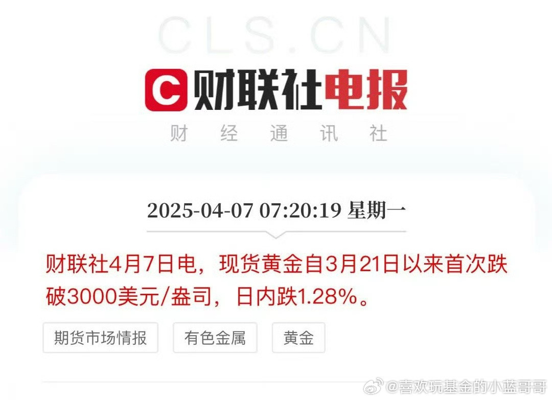 黄金金价再开跌美国关税政策引发全球反击黄金跌破3000美元/盎司日内跌1.2