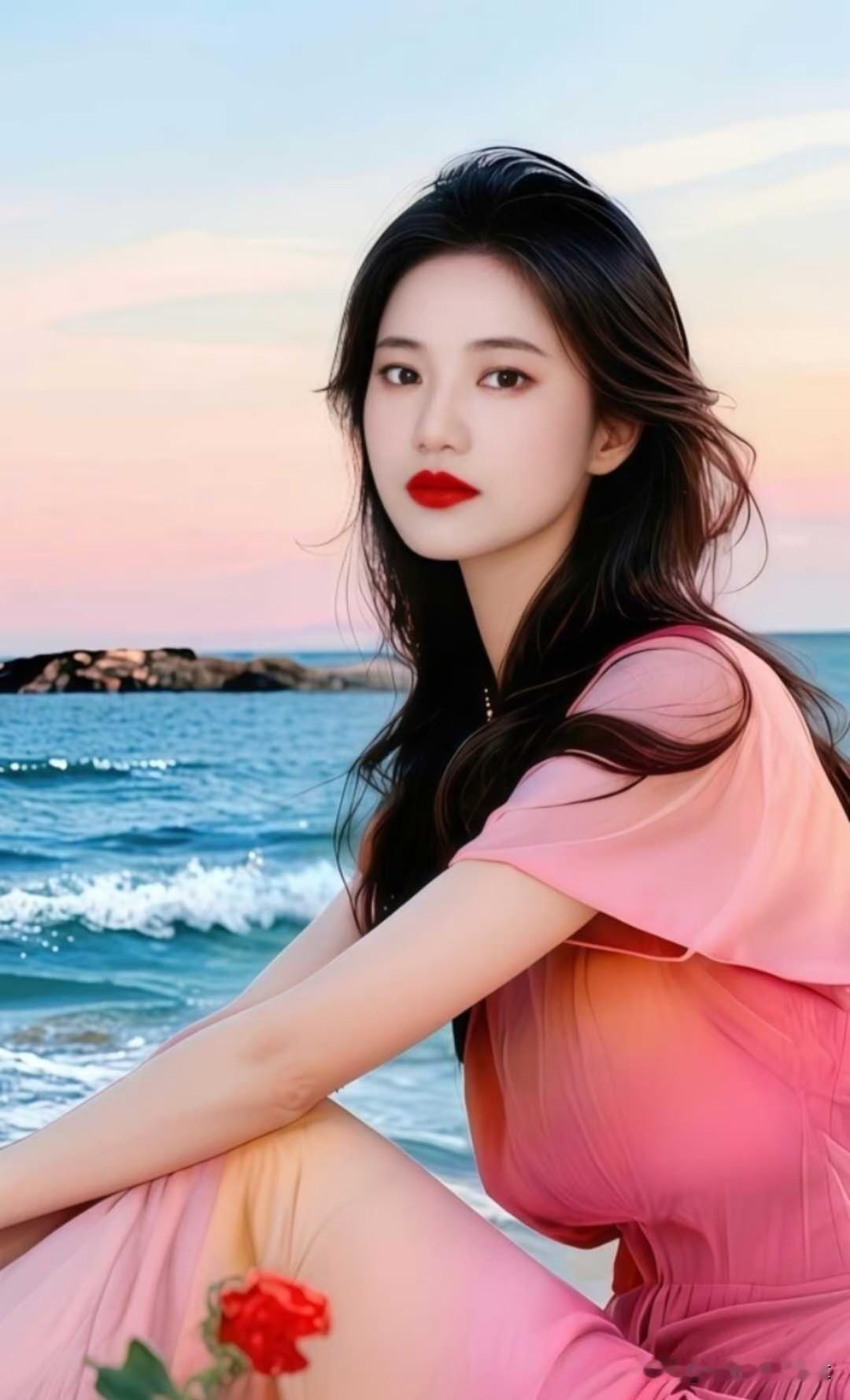 如梦令·海岸清妍碧海霞云轻漫，粉袂临风闲伴。静倚浅滩边，一抹红唇清婉