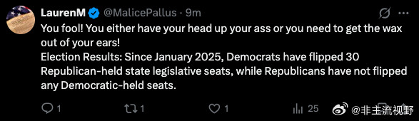 2025年1月以来，美国民主党已经翻转了30个由共和党控制的州立法席位，而共和党
