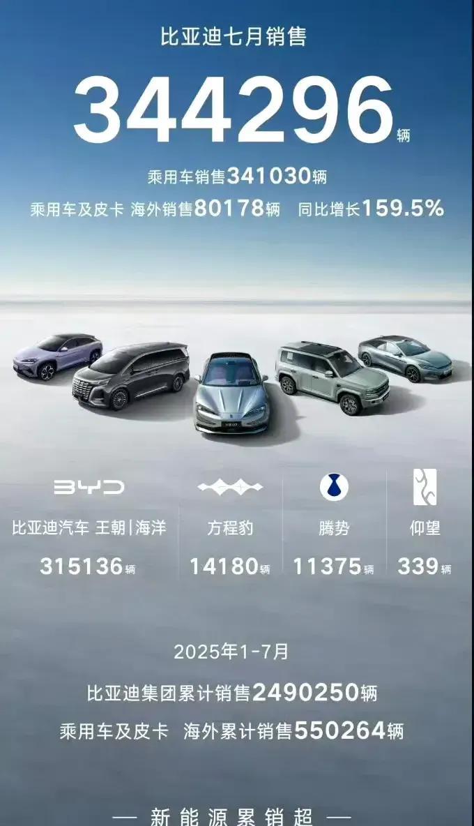 比亚迪7月销量344296辆，1-7月累计近250万辆。整个七月对于比亚迪太不