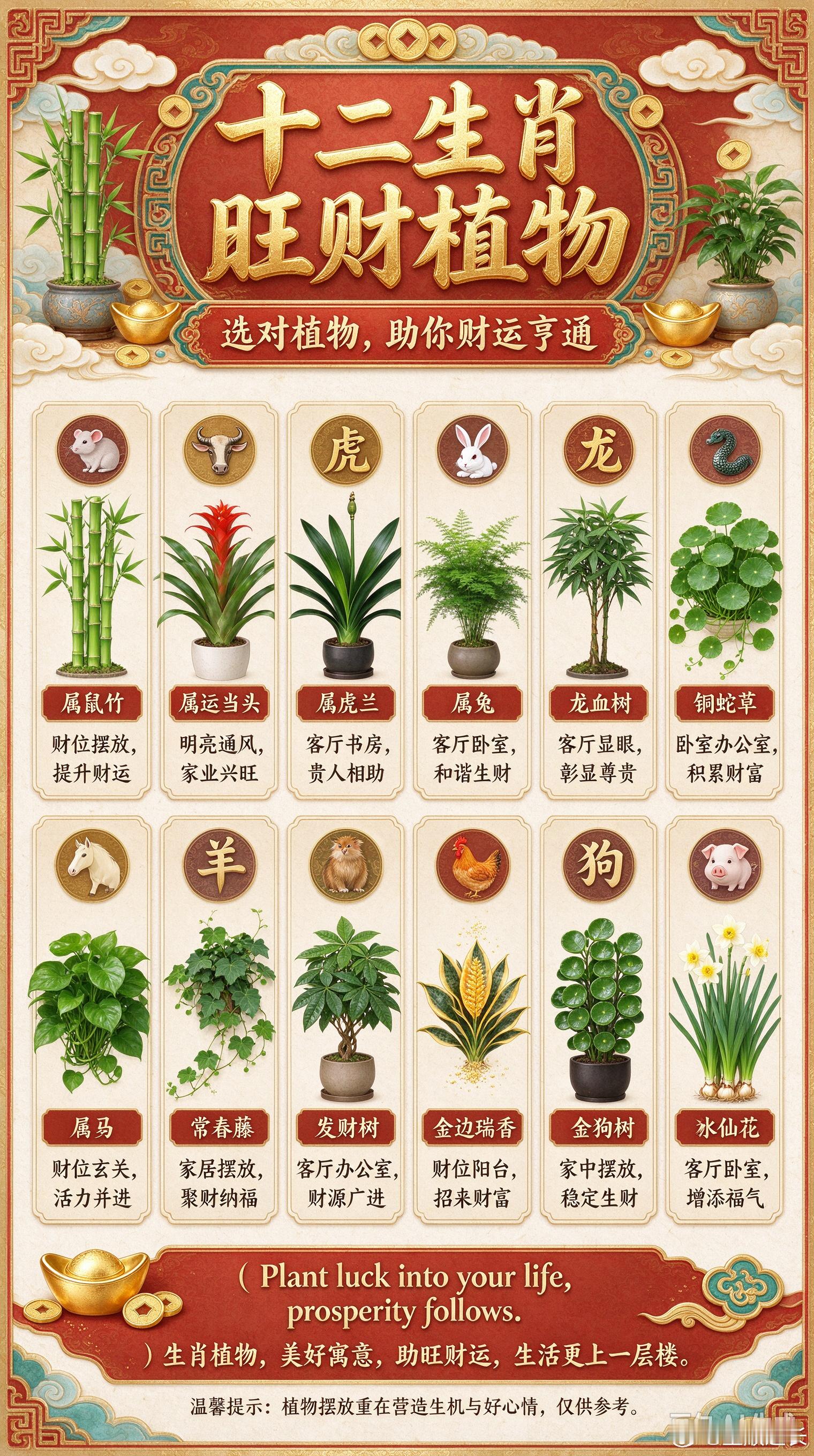 12生肖养什么植物旺财？你知道吗？属鼠人：富贵竹属鼠的人机智敏锐，善于捕捉机遇。富贵竹以其挺拔的姿态