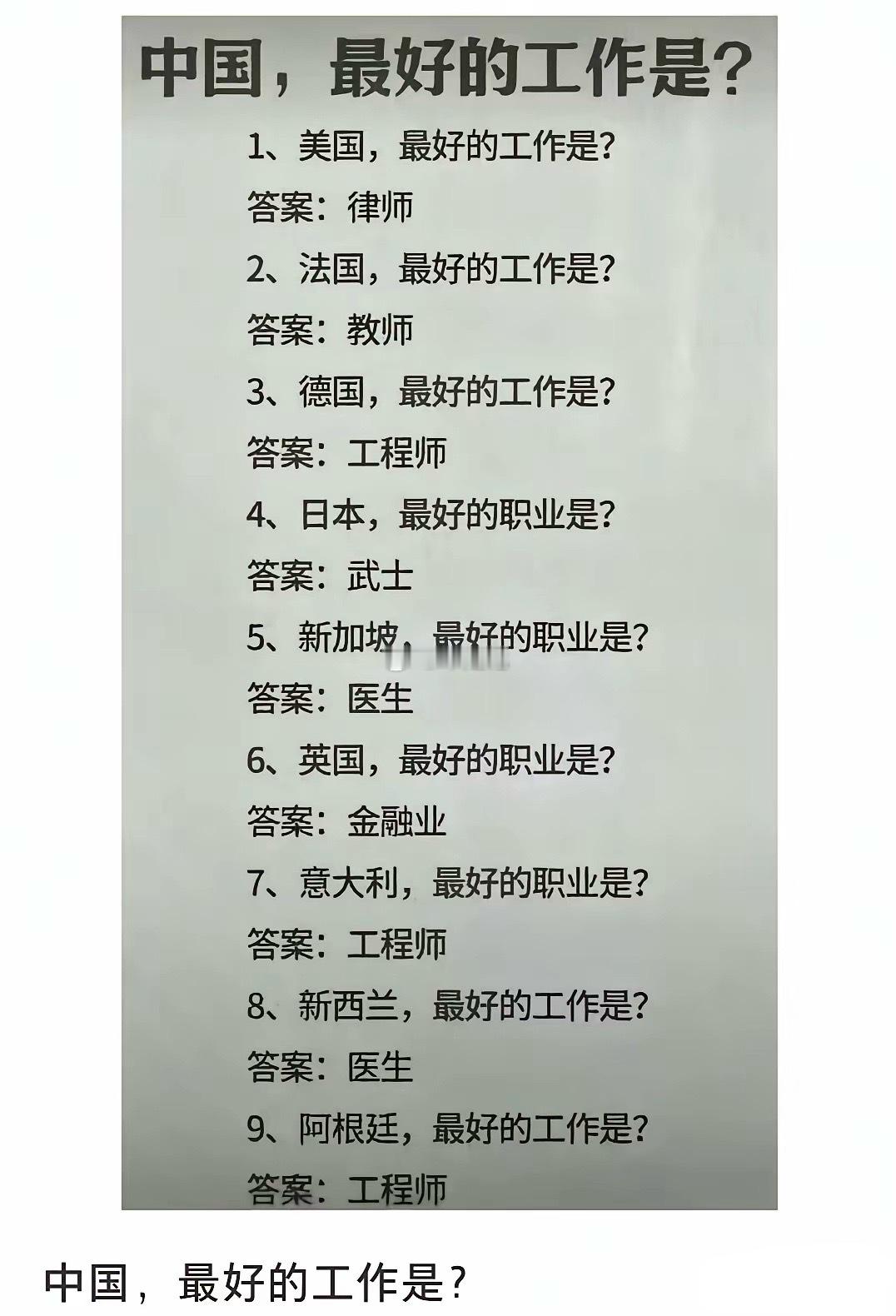 在中国你们觉得最好的工作是什么？