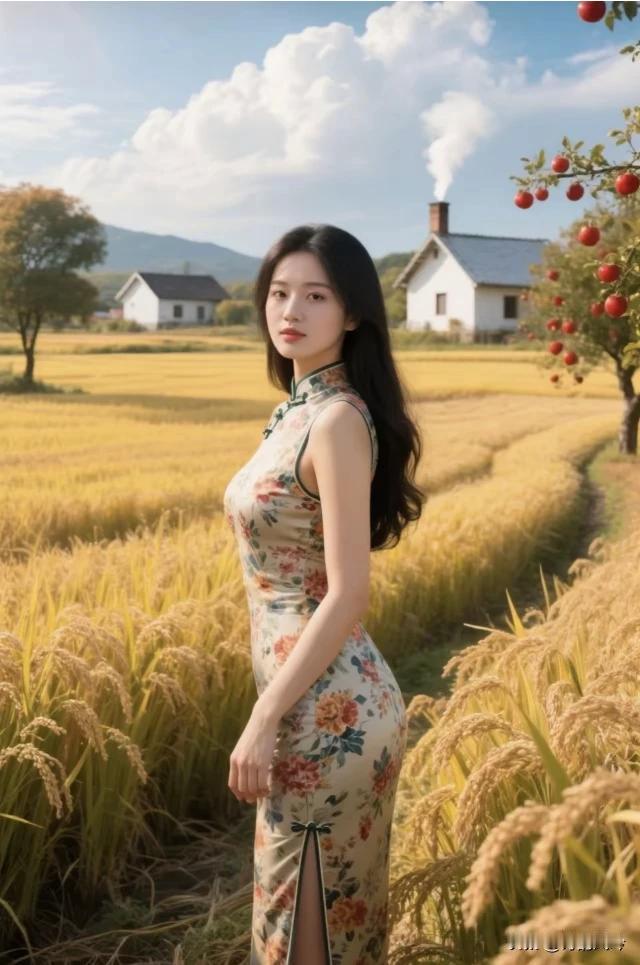 风吹稻海闪金光，旗袍美女立中央。红果满枝香满院，柿柿如意幸福长。