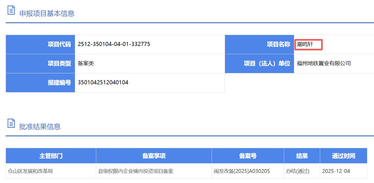 拿地不到半个月，福州地铁置业仓山新项目就火速完成备案。根据仓山发改局12月4
