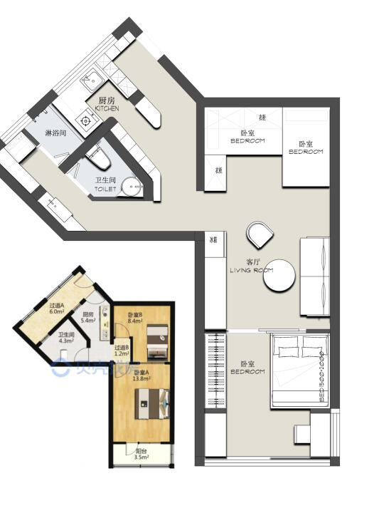 户型优化/小户型两居室平面方案设计