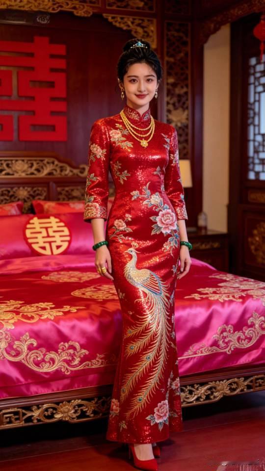 红色婚礼服、敬酒服。婚礼服敬酒服