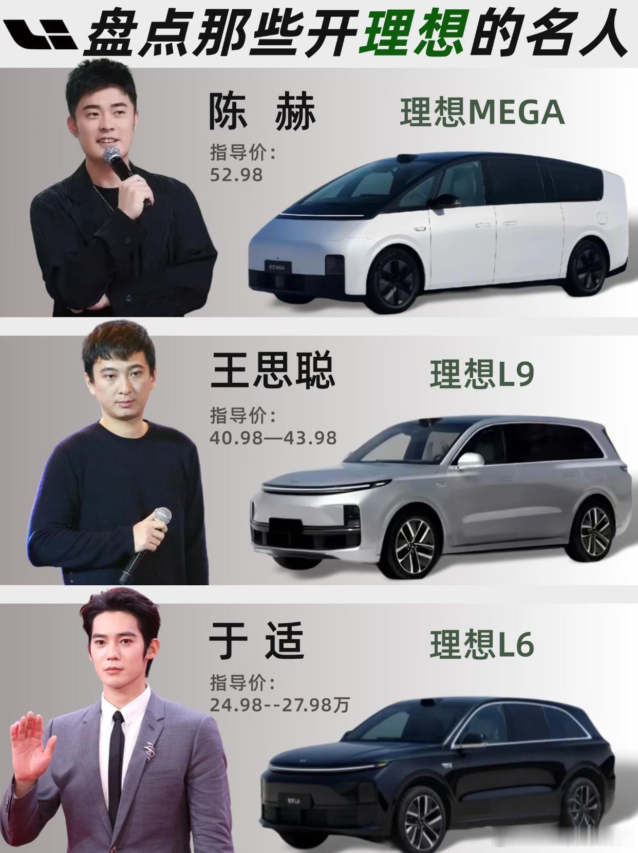 陈赫开理想MEGA王思聪/岳云鹏/魏大勋/黄景瑜开理想L9于适开理想L6哪个名人