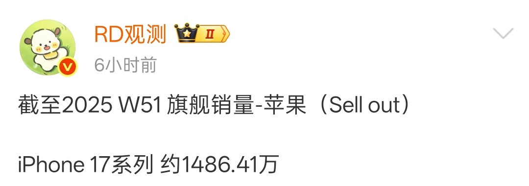 苹果的销量确实很猛。截至上周，iPhone17系列累计销量达1411.57万台