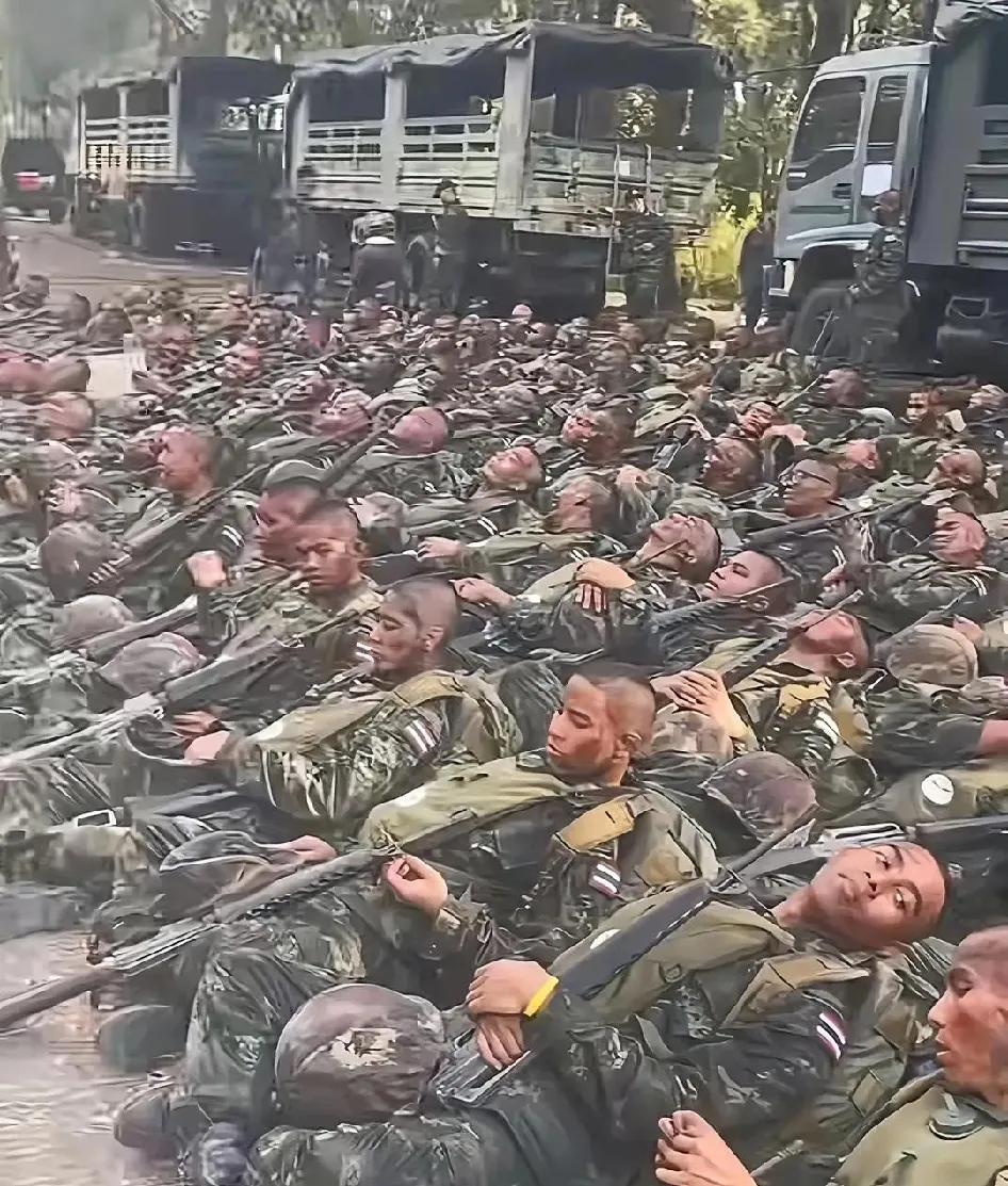 泰军席地而坐，整齐划一，统一精神的板寸，没有传说中媚娘的模样，还颇有子弟兵的风范