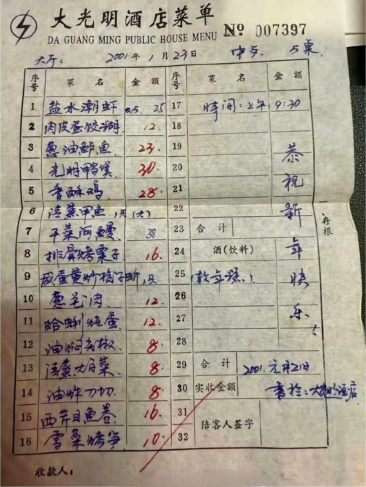2001年大酒店的菜价，字写得真好看。​​​