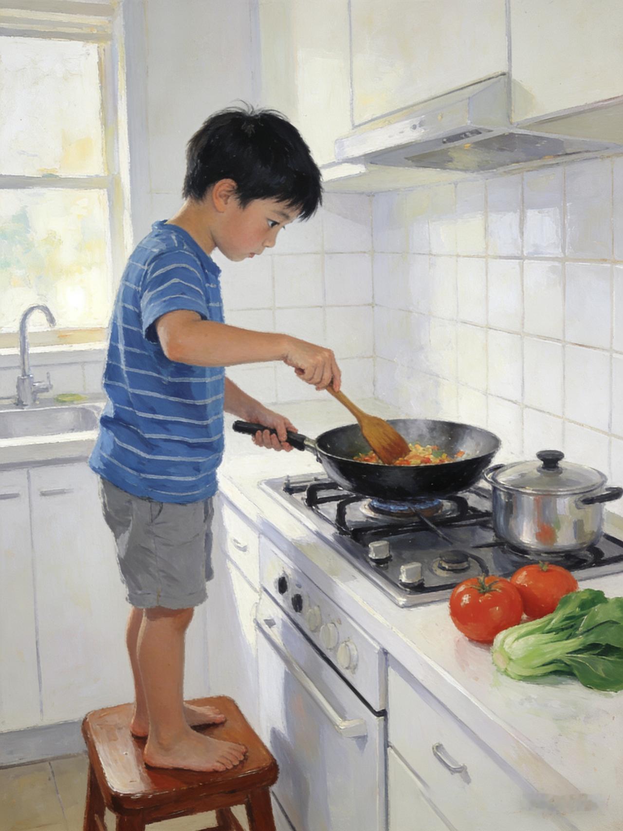 远远的看到一个男孩子站在凳子上在炒菜。大概5、6岁的样子，还没有灶台高呢，就