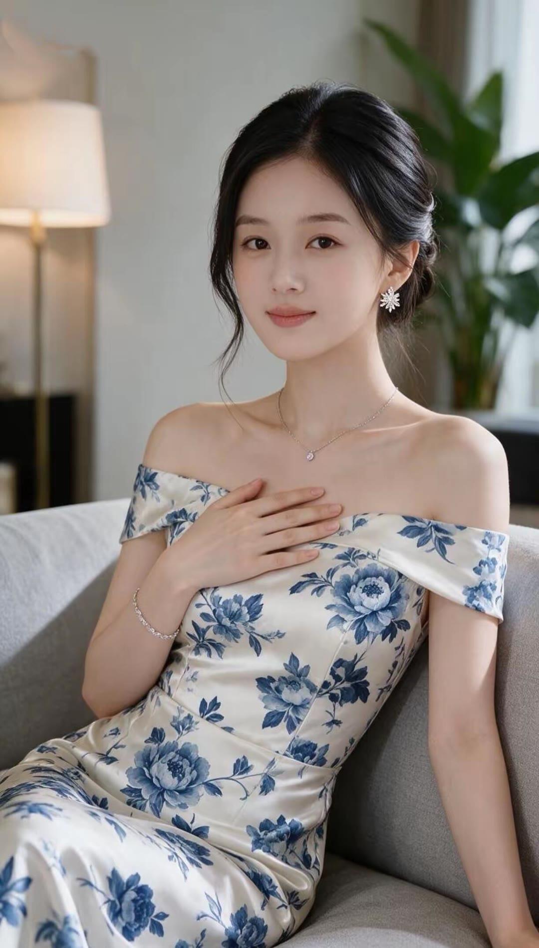 优雅蓝花裙，温婉坐客厅，尽显迷人魅力