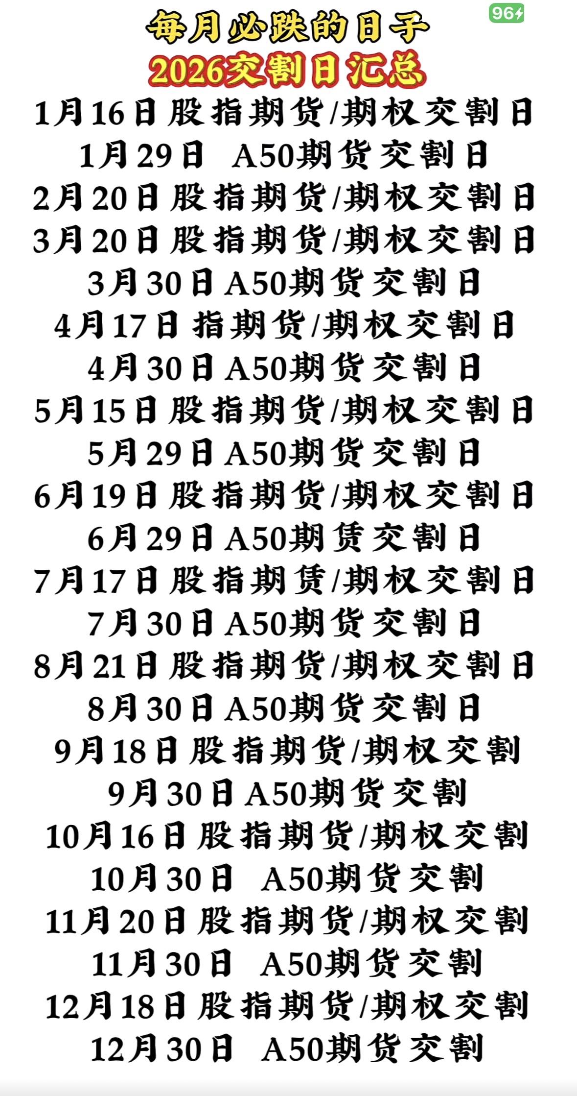 2026年每月必跌的日子汇总，投资需谨慎！股市交割日历速览：每月下旬A50期