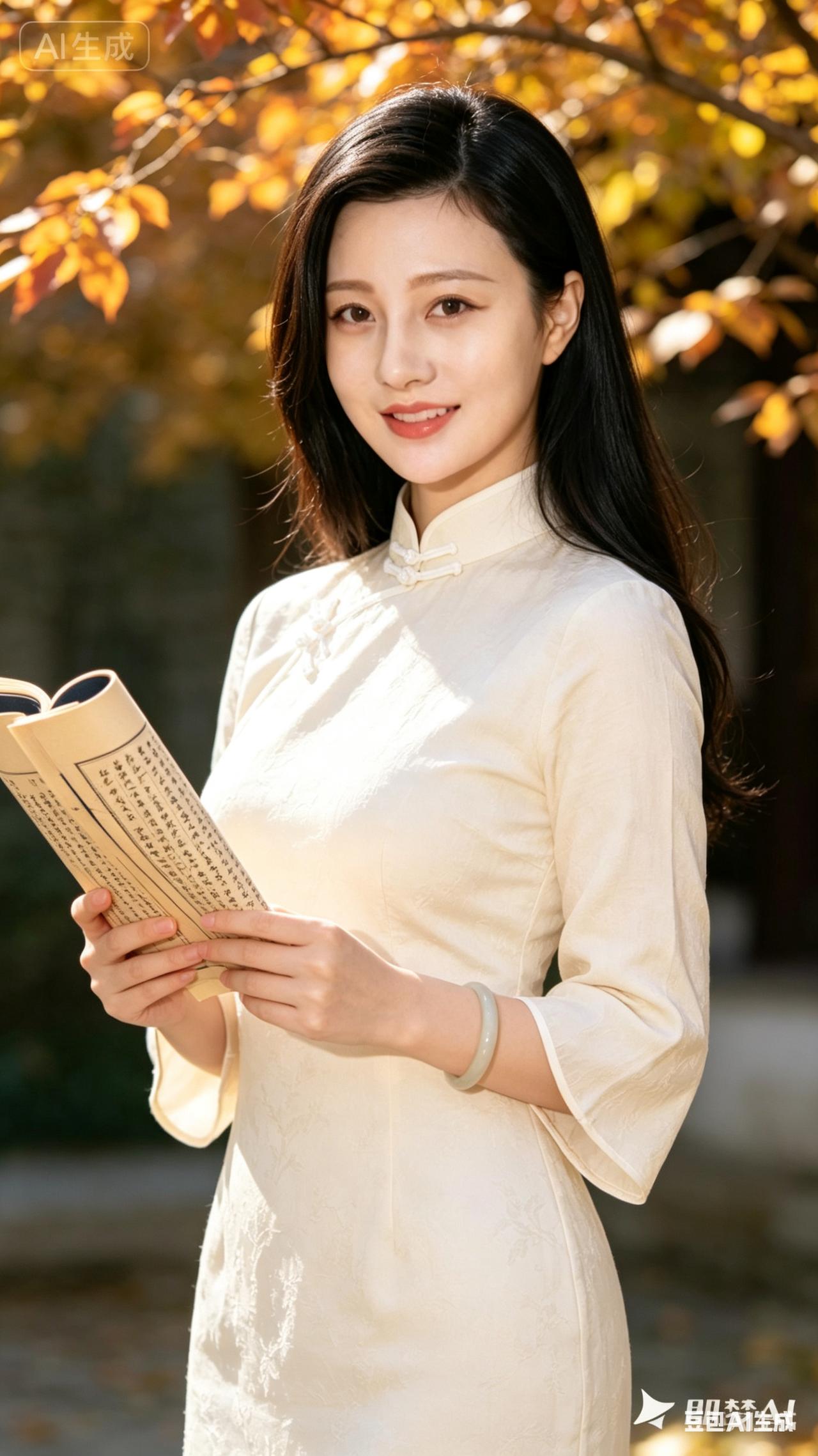 秋日暖阳下，优雅的旗袍少女，沉浸在书香之中。