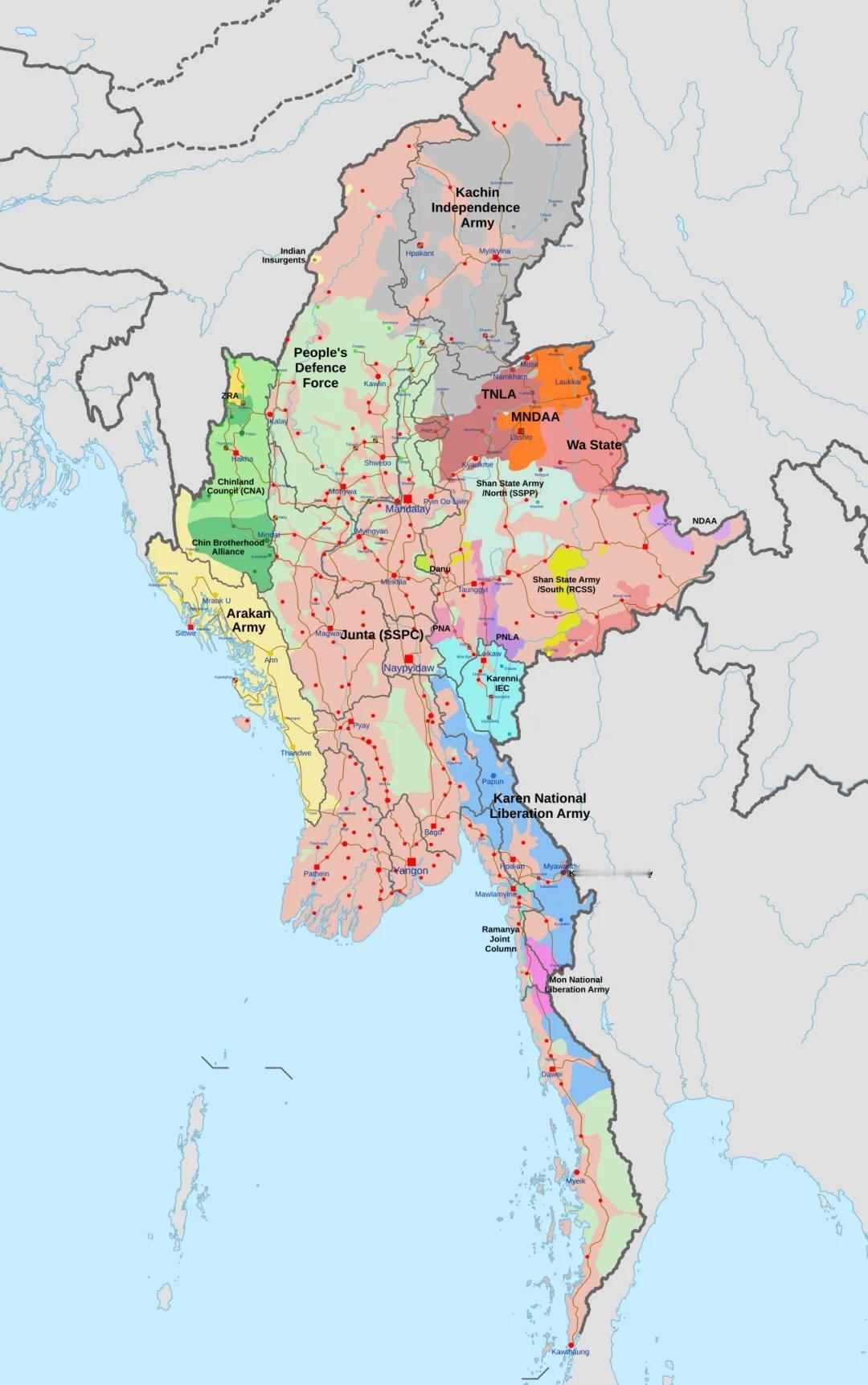缅甸各方势力分布图缅甸各少数民族武装势力分布：各方盘根错节，缅军根本无力统一全