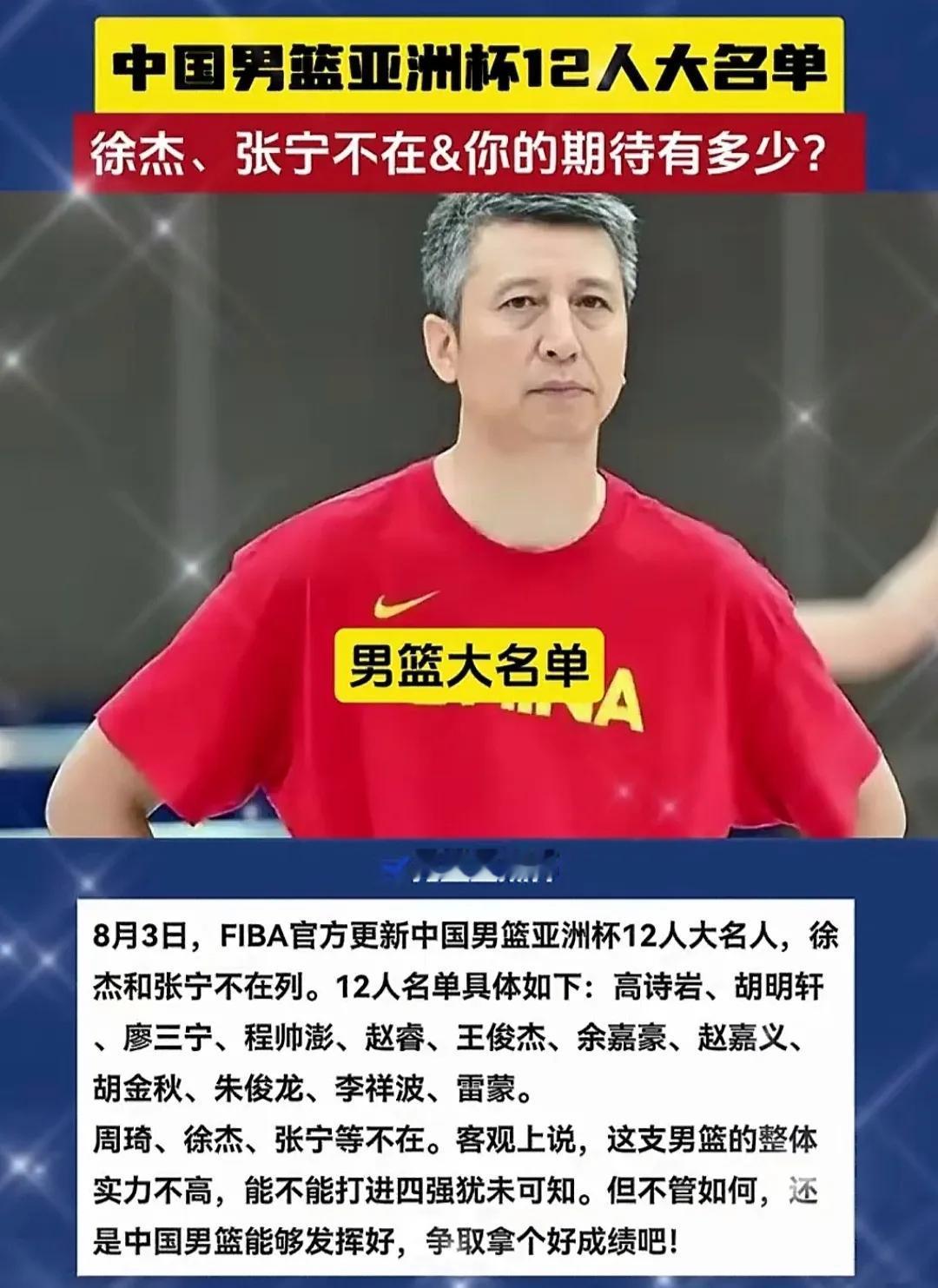 男篮亚洲杯十二人名单，徐杰，张宁终不受待见，没能入选，令人不解令人惊讶。本来名