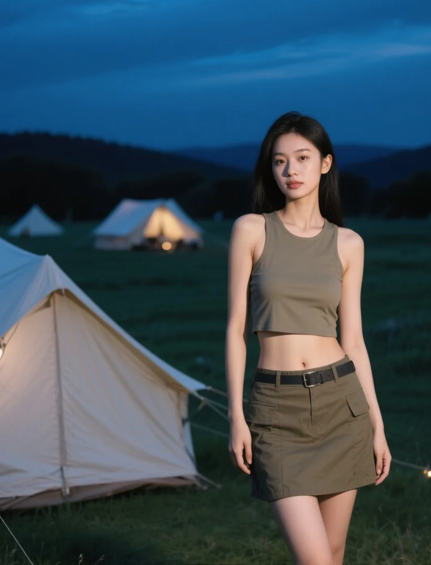 夜幕下的帐篷边，亚洲美女展现温柔静谧之美