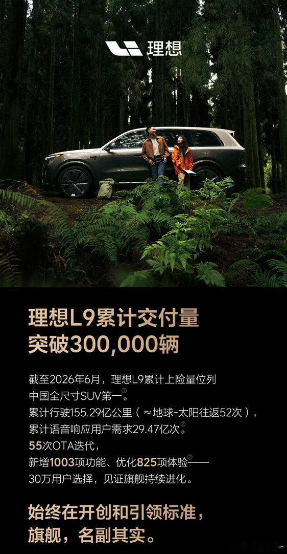 汽车中国“9系”SUV的开创者，交付30万辆。理想L9有诸多创新，冰箱、彩电