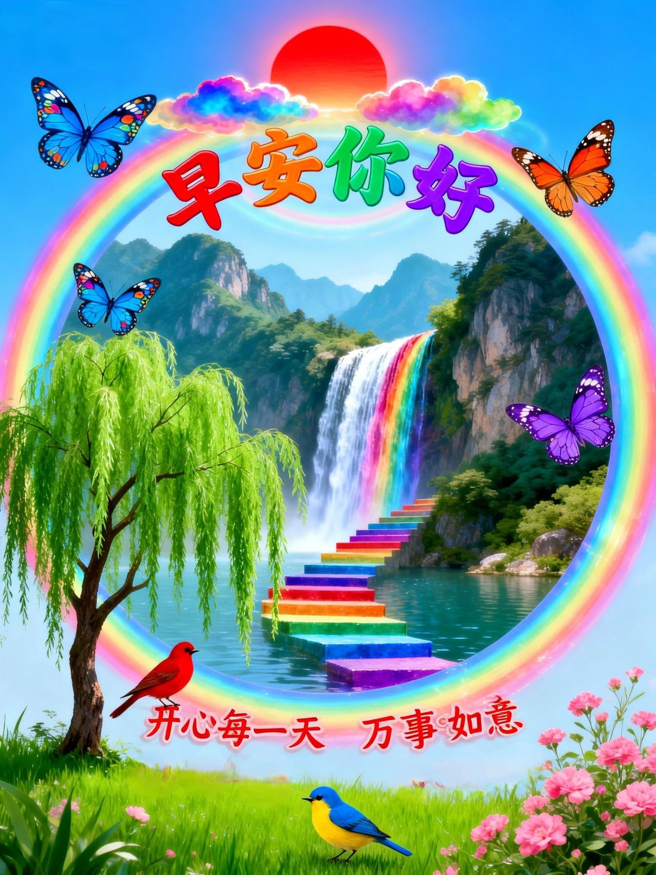 一抹晨曦映霞光；温馨祝福情意长；新晨新愿新希望；顺心顺意岁月香；愿君时时