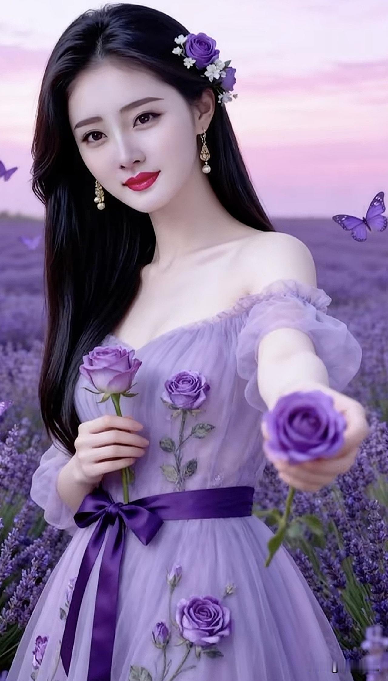 梦幻紫色花海中的少女，手持玫瑰，唯美动人紫色花海氛围照紫色花海少女花海少女感