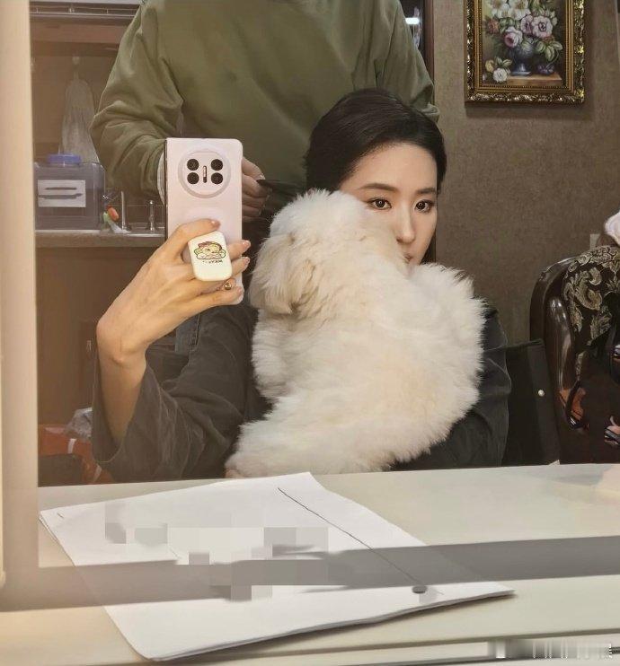 刘亦菲抱狗狗对镜自拍刘亦菲和狗狗对镜自拍刘亦菲抱狗狗对镜自拍，怀里的小狗却占了