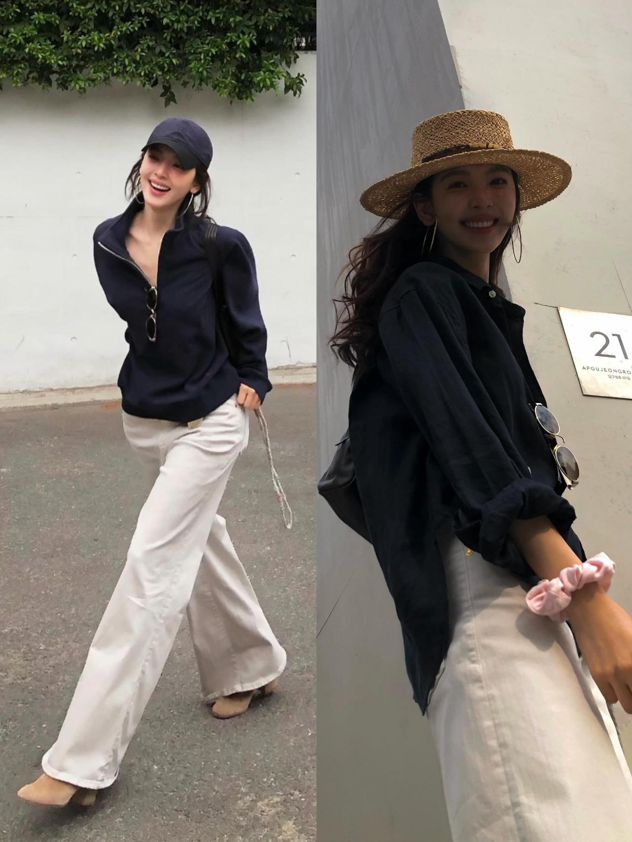章若楠私服超好看呀！她的穿搭自带松弛又清新的氛围感，克莱因蓝无袖背心配条纹阔腿