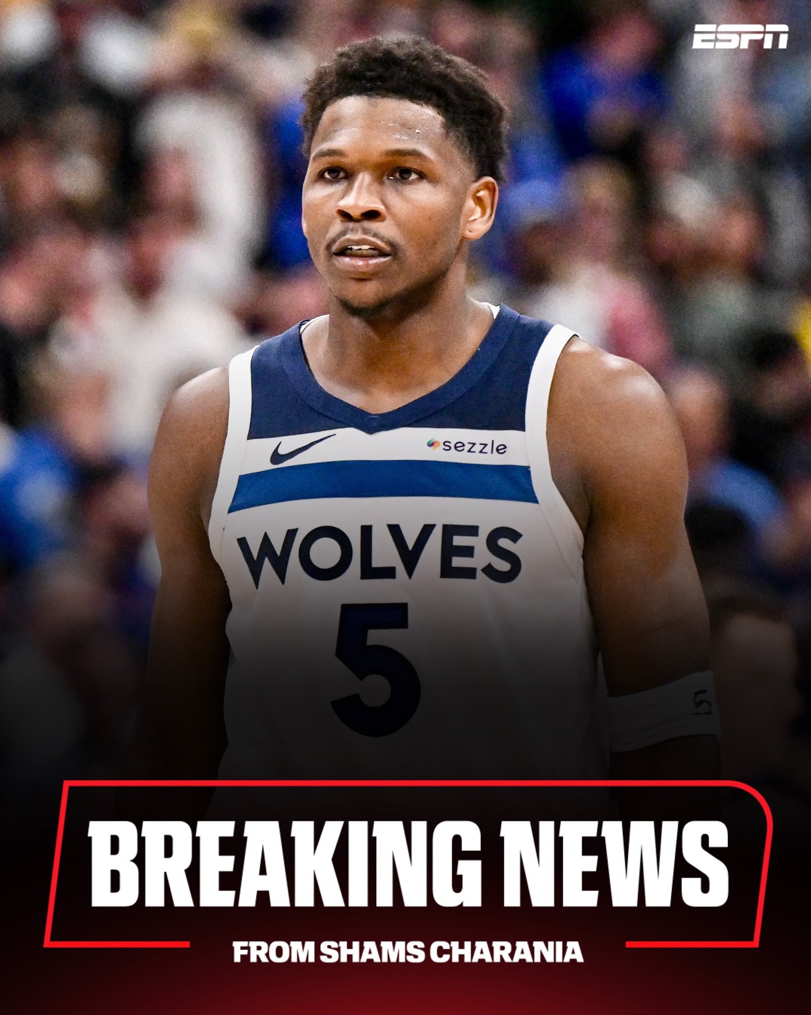 #爱德华兹伤缺数周#据ESPN名记Shams报道，森林狼当家球星爱德华兹左膝确诊