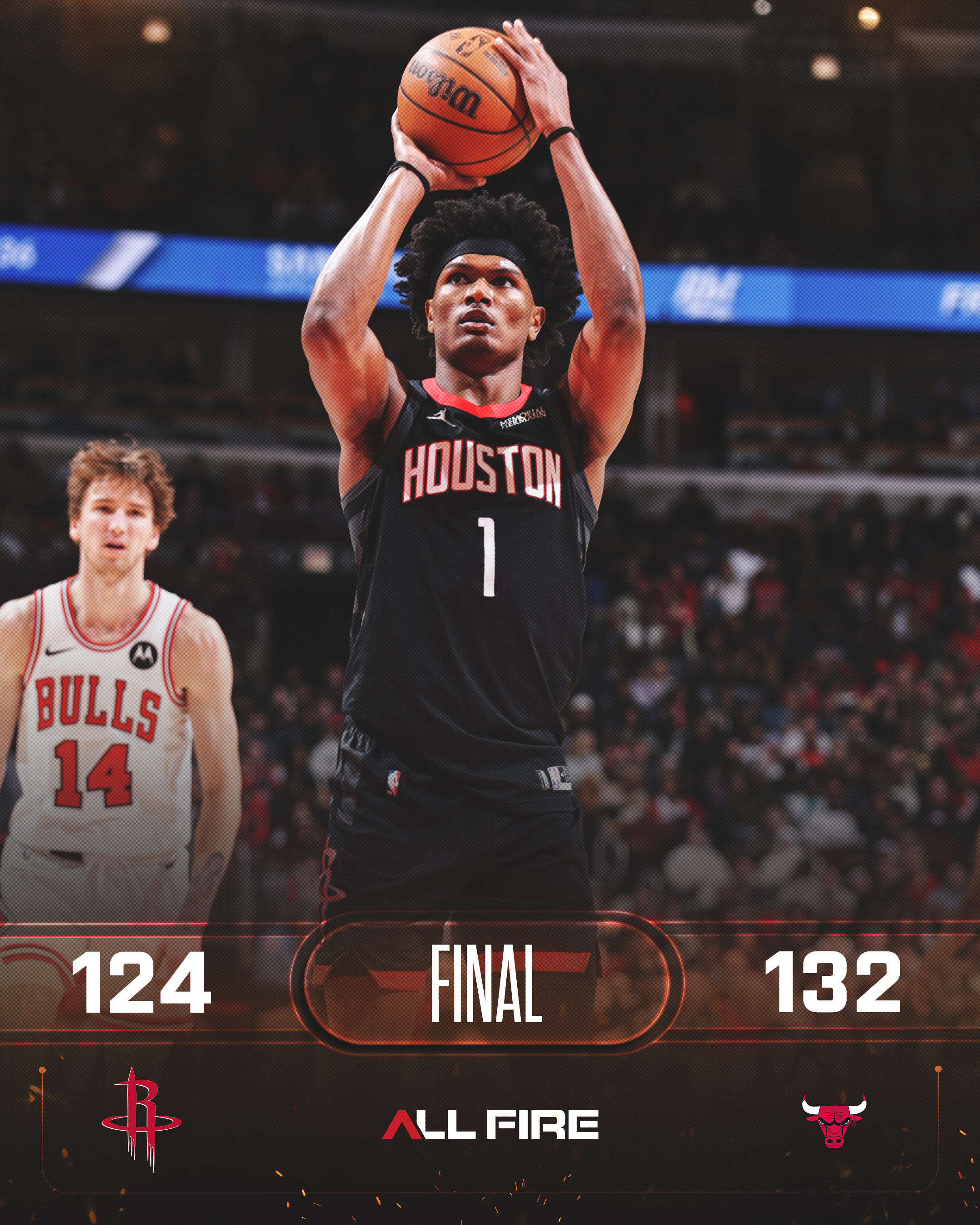 全场比赛结束！火箭124-132公牛！杜兰特40分7板5助、申京33分13板10