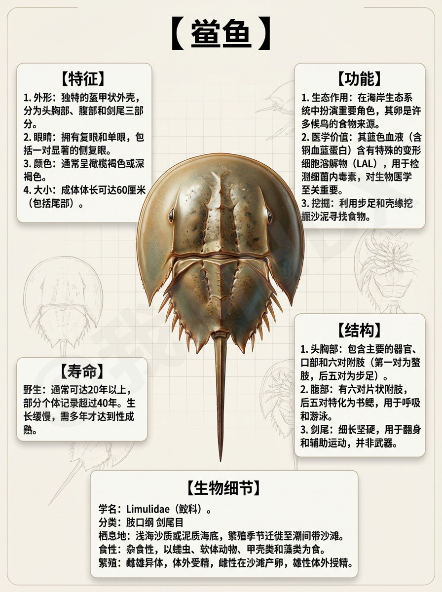 我AI的动物海洋“活化石”——鲎鱼！它模样奇特，身体被硬壳包裹，像个小盾牌，还