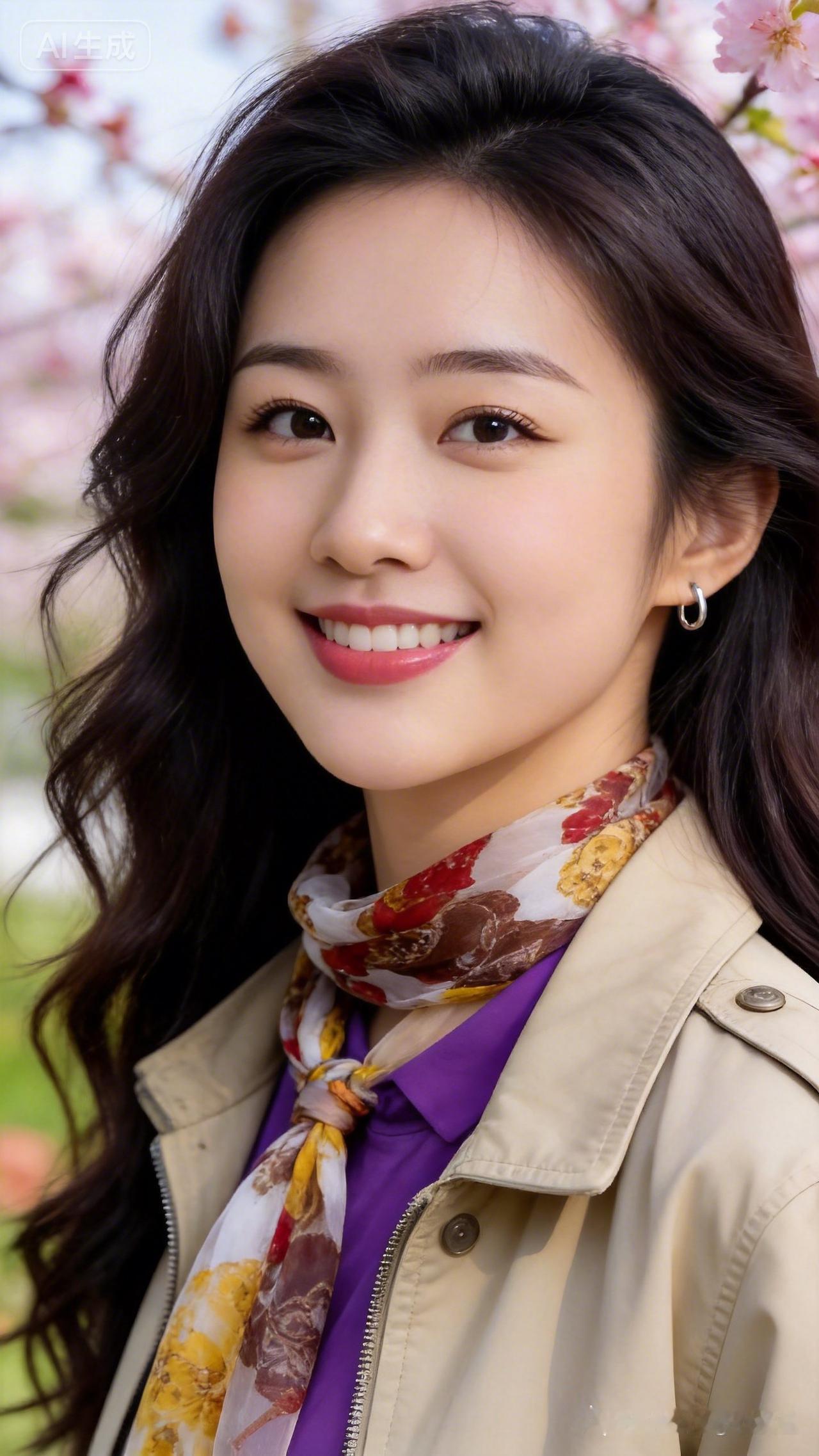 清秀美女鹅蛋脸，肌肤白皙，微卷长发温婉灵动。浅卡其外套配紫色内搭，花色丝巾与银耳